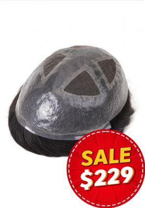 V-looped Thin Skin and French Lace  Men’s Hair System with Window-Shape Base