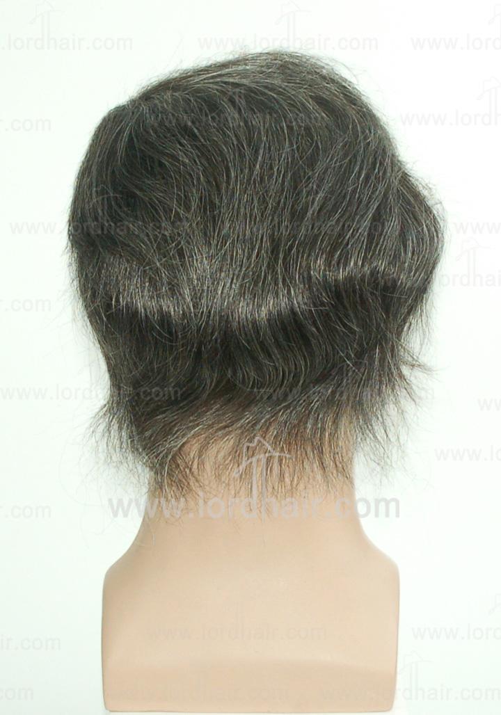 HS1-1B40: Super Thin Skin Base Human Hair Toupee Stock Pieces - Color #1B with 40% Synthetic Grey Hair