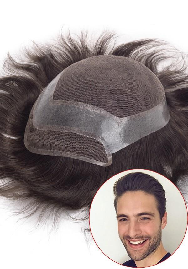 Custom French Lace Men’s Hair System Surrounded by Thin Skin Perimeter and Lace Front