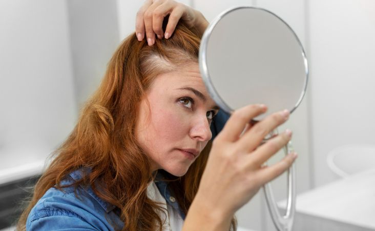 Woman inspecting her new hair regrowth in a mirror