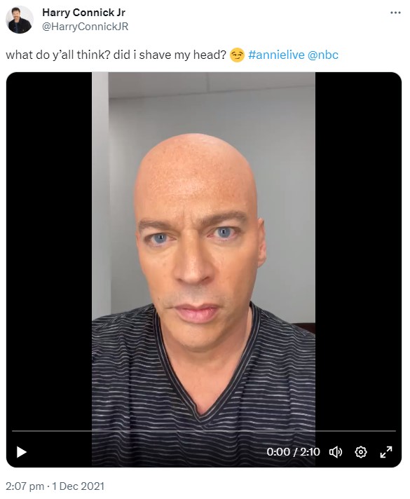 Harry Connick Jr tweet about bald head for upcoming performance