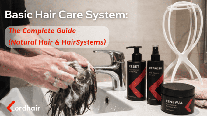 Man washing a men's hair system with gentle shampoo in a bathroom sink.
