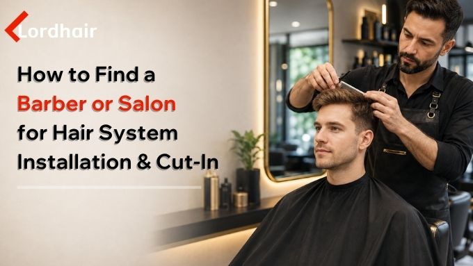 Barber cutting and blending a client's hair system in a salon
