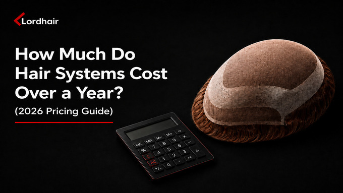 Hair system annual cost planning blog cover with calculator and hair replacement system.