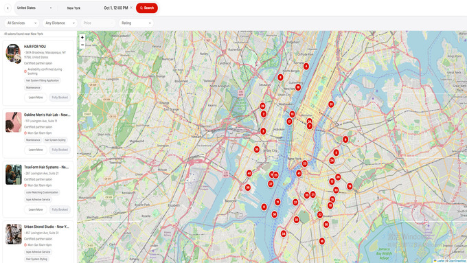 Map of Lordhair certified partner salons offering hair system services near New York