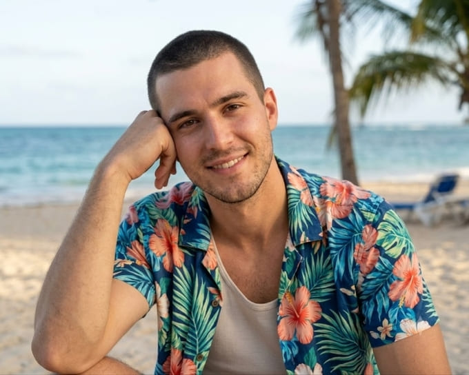 Man with a buzzcut hairstyle at the beach, a low-maintenance summer haircut