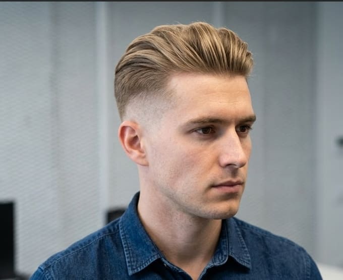 Man with a blonde undercut hairstyle, short sides and longer hair on top