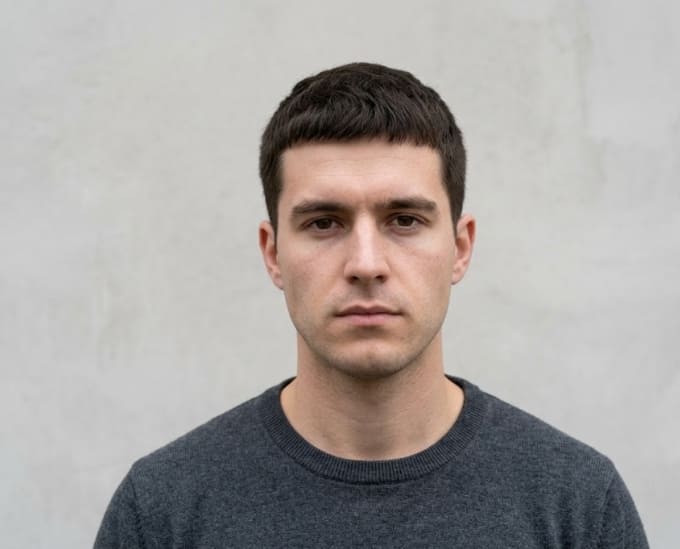 Man with a Caesar cut hairstyle, short fringe and tapered sides
