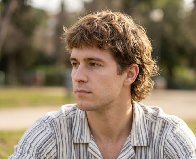 Man with a soft mullet hairstyle, longer layered sides and a shorter front
