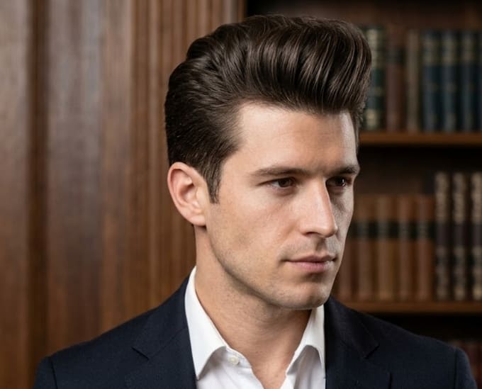 Man with a pompadour hairstyle, volume on top and tapered sides
