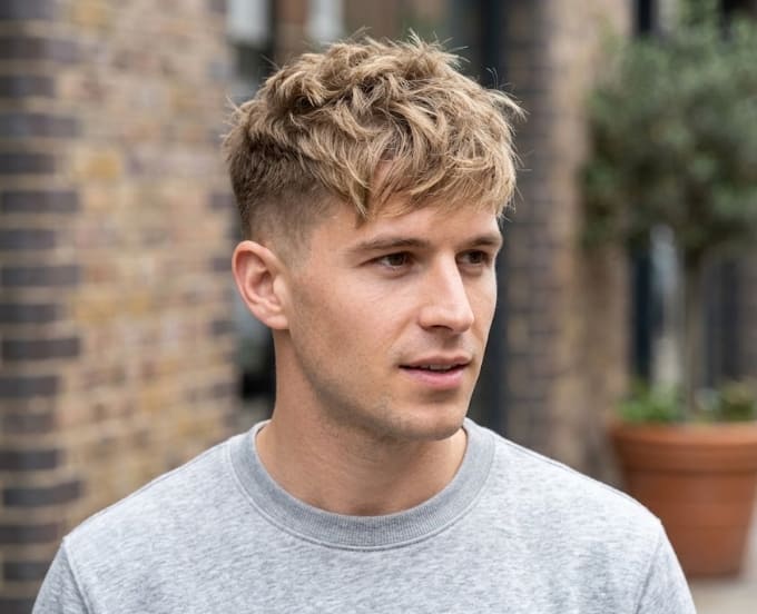 Man with a textured crop haircut, faded sides and choppy top layers