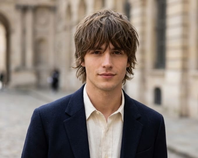 Man with a shag fringe hairstyle, long layered top with loose, natural movement