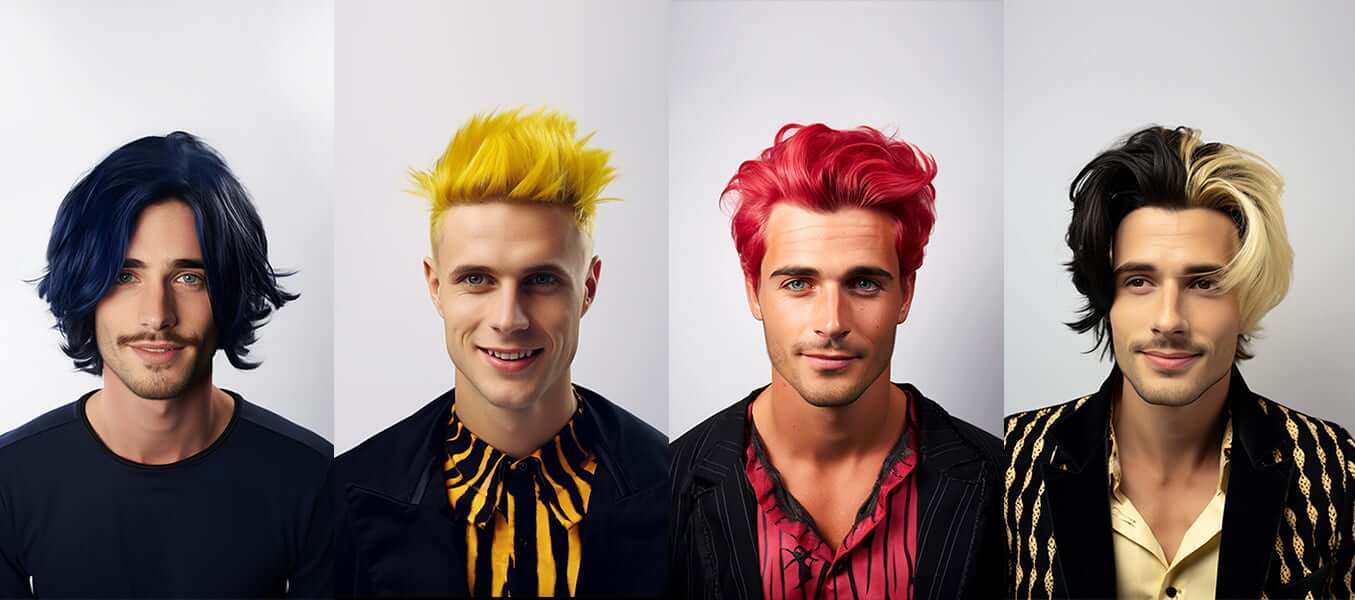 Male models wearing four Lordhair Halloween wigs