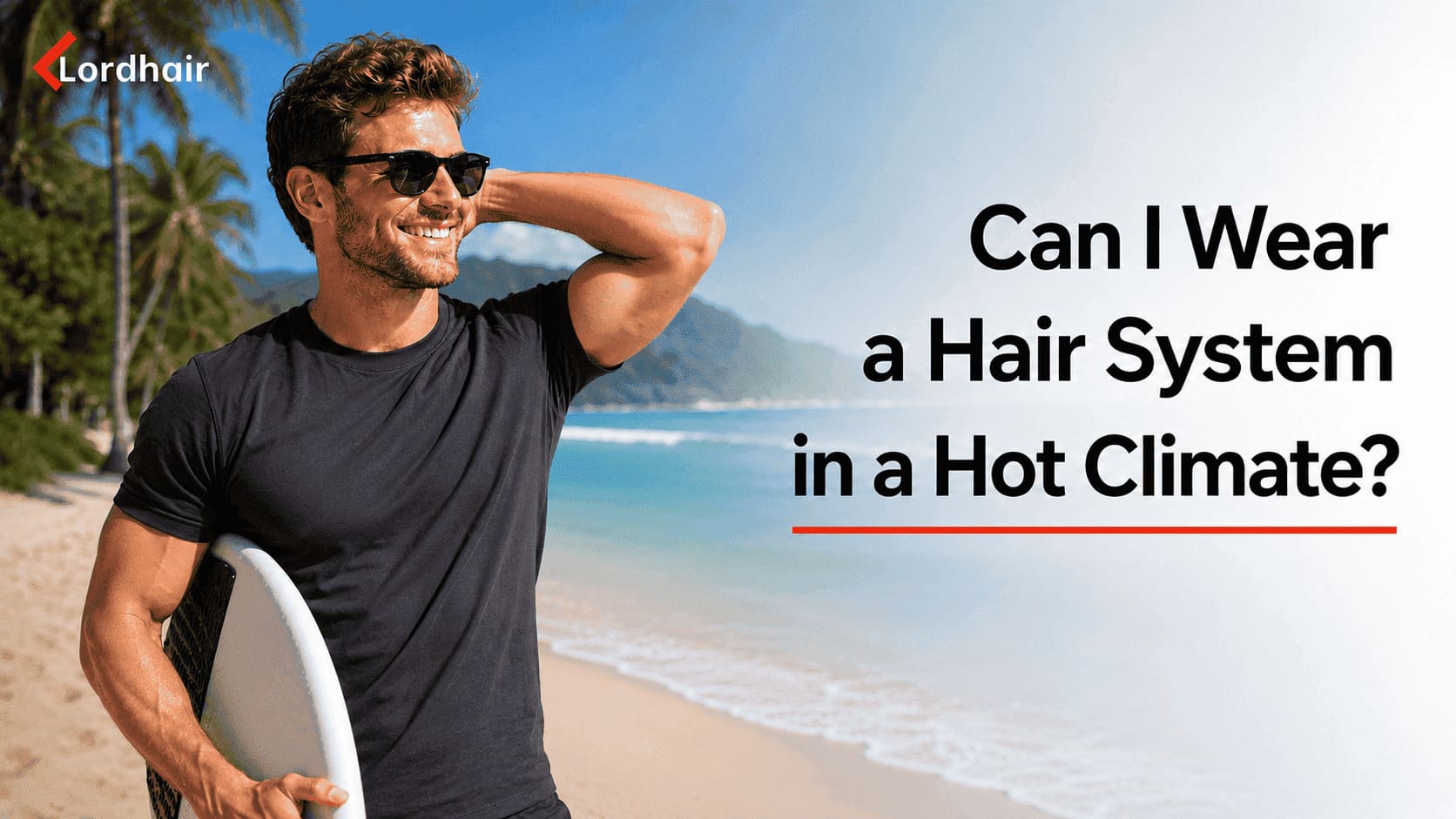Lordhair hair system for hot climate: confident man with natural-looking hair wearing a hair replacement system on a sunny beach
