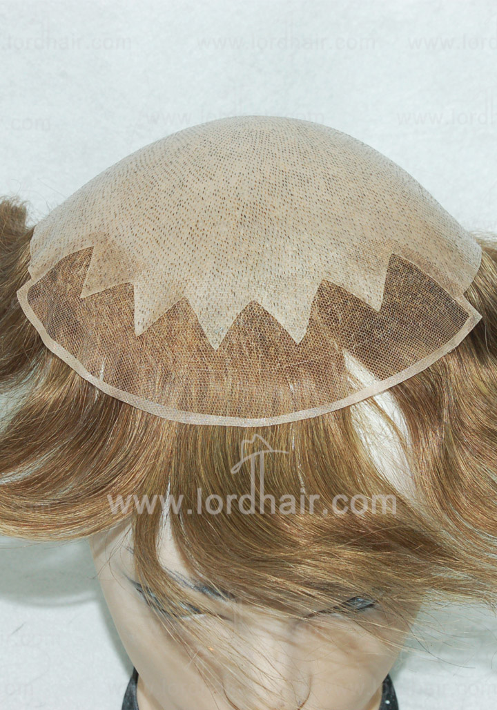JQ335: Skin with gauze fingered shape french lace front hair replacement system, men's toupee