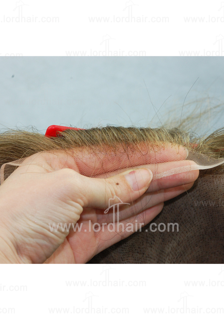JQ335: Skin with gauze fingered shape french lace front hair replacement system, men's toupee