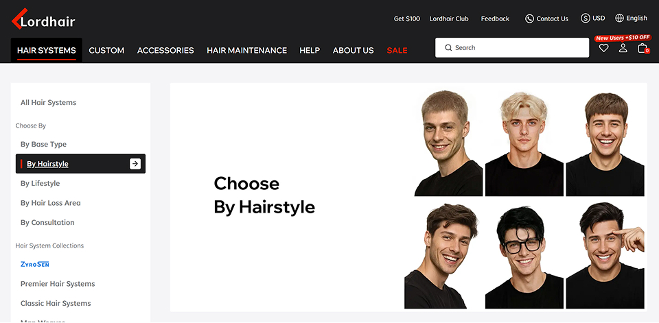 Lordhair choose by hairstyle page showing pre-cut hairstyle options