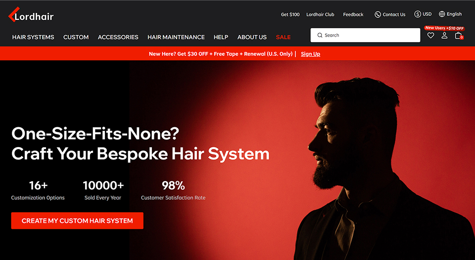 Lordhair custom hair system page with the Create My Custom Hair System button on the banner