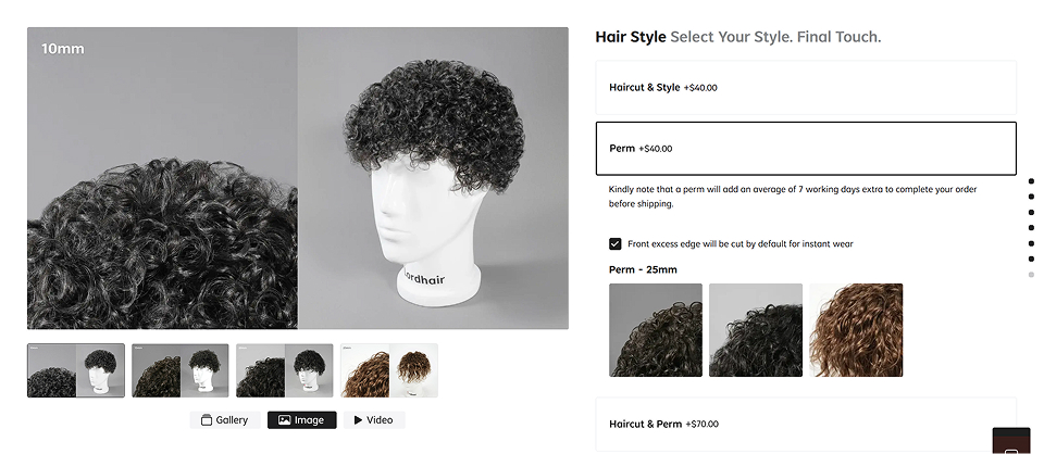 How to select the Lordhair Perm Service on a ready-to-wear hair system product page