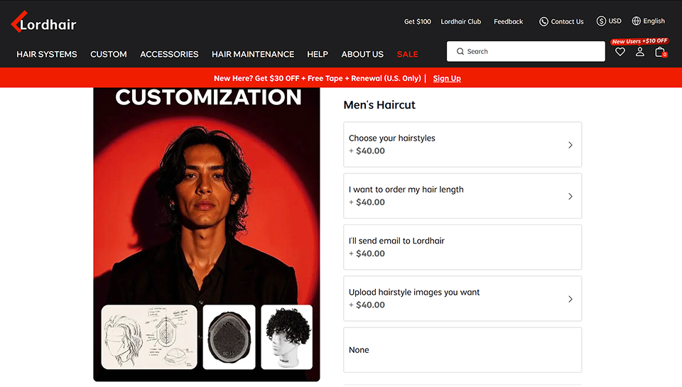 Lordhair customization page showing haircut options and checkout flow for a custom hair system