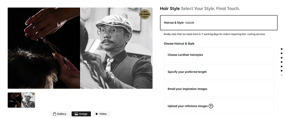 Lordhair haircut service options including choosing a hairstyle, specifying lengths, emailing inspiration, and uploading reference images